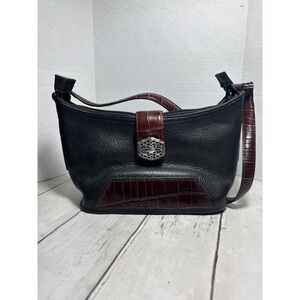 Brighton Black Pebbled Leather CrocEmbossed Brown Trim Shoulder Bag Silver Heart